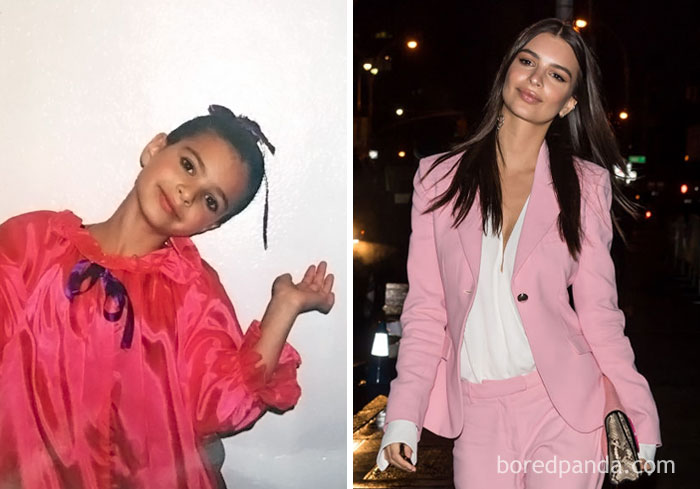 Rare celebrity childhood photo of a girl in a pink dress next to her grown-up self in a pink suit at night outdoors.
