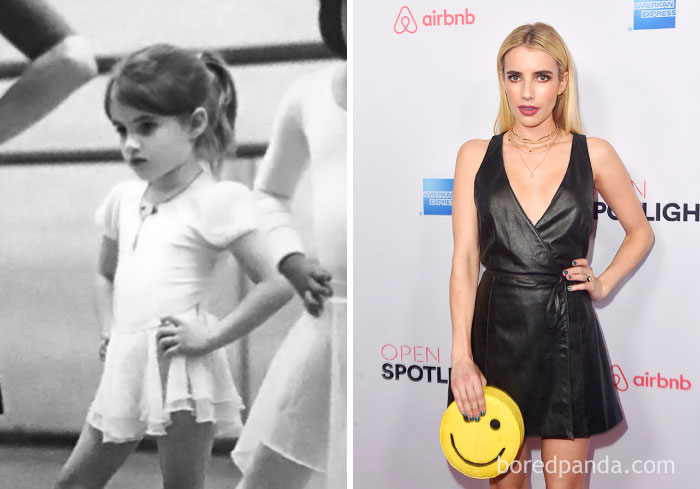 Rare celebrity childhood photo showing a young girl ballet dancer beside her adult star version at a red carpet event.