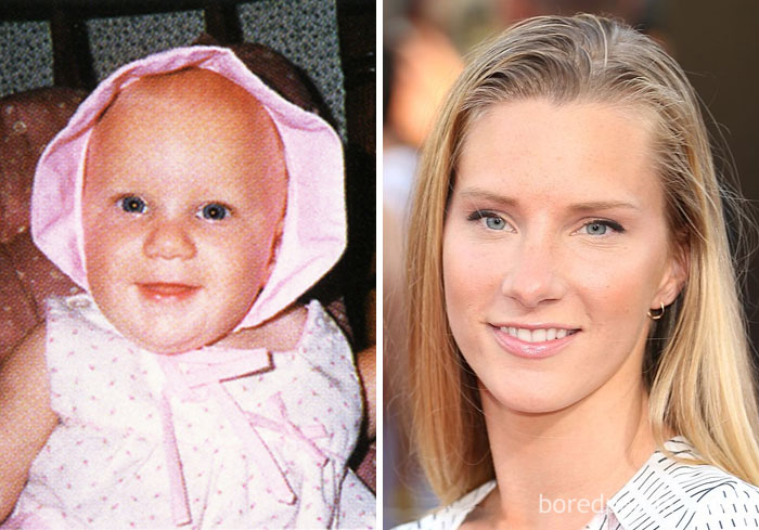 Rare celebrity childhood photo showing a baby and the same barely recognizable star as an adult smiling outdoors.