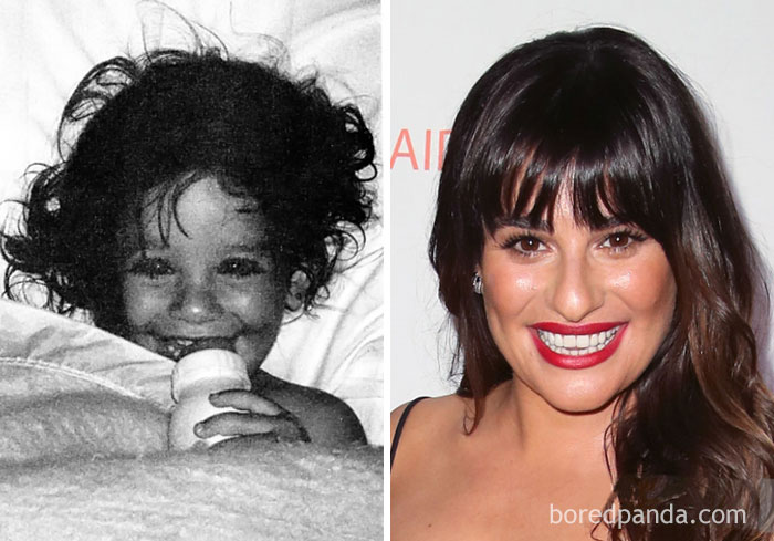 Rare celebrity childhood photo of a smiling young girl with curly hair next to her current photo as a recognizable star.