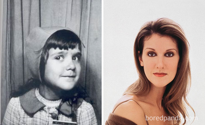 Rare celebrity childhood photo of a young girl next to a glamorous adult portrait of the same barely recognizable star.