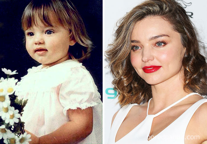 Rare celebrity childhood photo of a young girl holding flowers beside her current glamorous portrait with red lipstick.