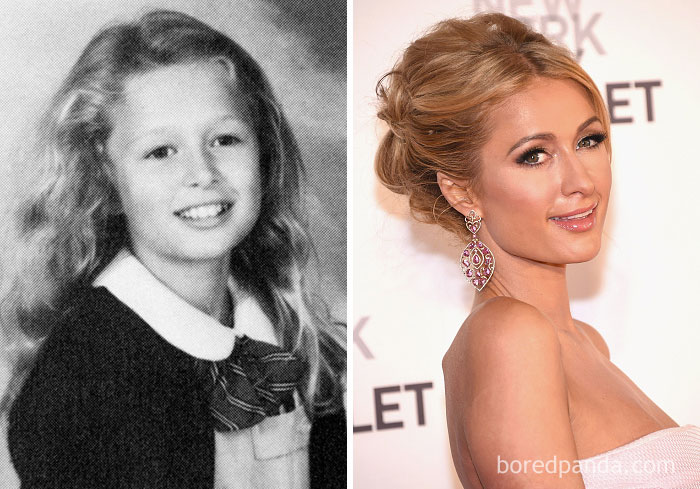 Childhood and adult side-by-side photos of a rare celebrity star showing barely recognizable features.