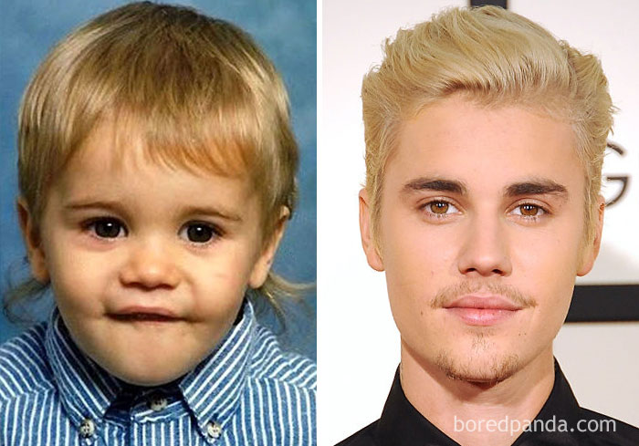 Rare celebrity childhood photo showing a young star with blonde hair alongside a recent image of the same barely recognizable star.