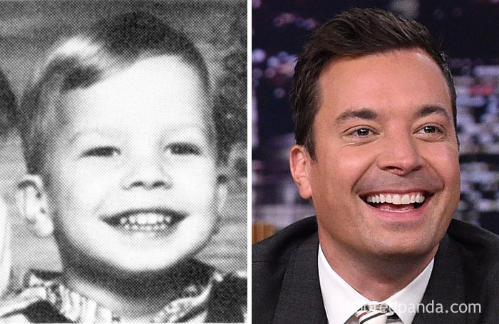 Side-by-side rare celebrity childhood photo and recent image of a smiling man with short dark hair and suit jacket