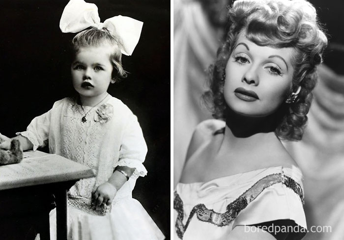 Rare celebrity childhood photo juxtaposed with classic black and white portrait of a famous star, showing transformation over time.