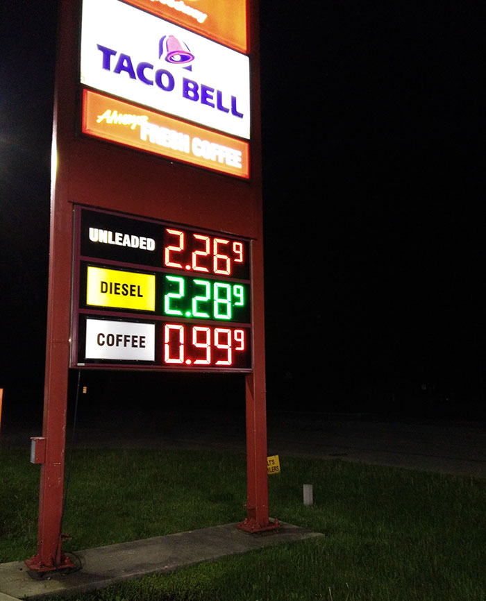 sign with prices for petrol and coffee