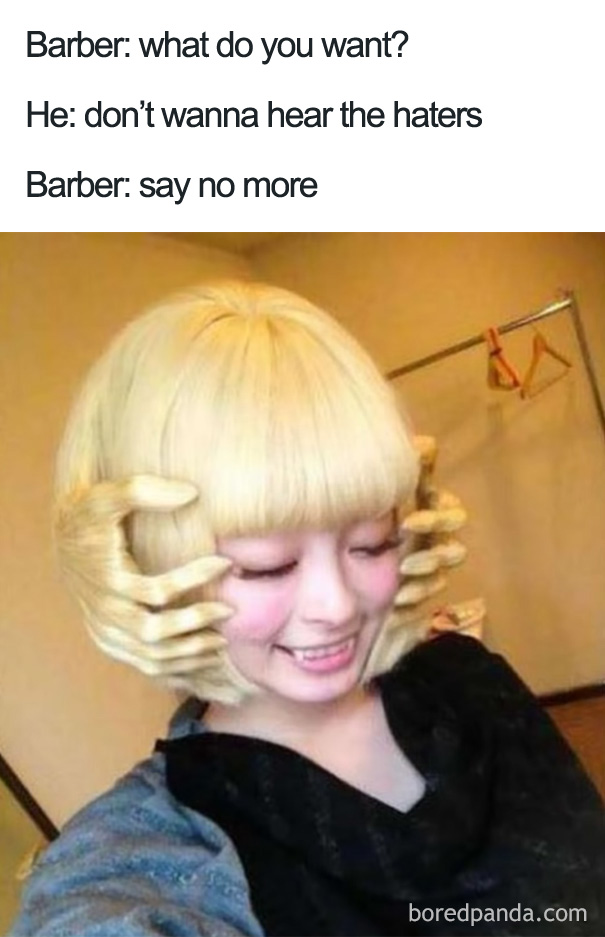 Blonde person with a unique haircut resembling hands. Terrible haircuts meme with "say no more" phrase above.