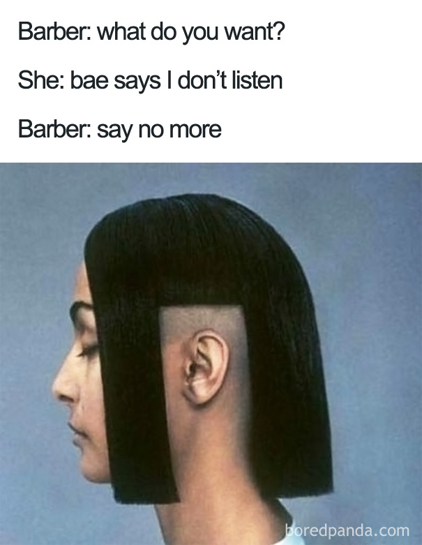 Profile view of a person with a unique undercut hairstyle, part of a "say no more" meme.