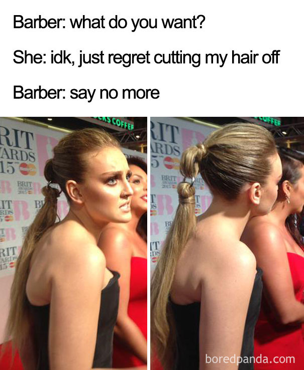 A woman with a regrettable haircut at an event, turning into a "say no more" meme.