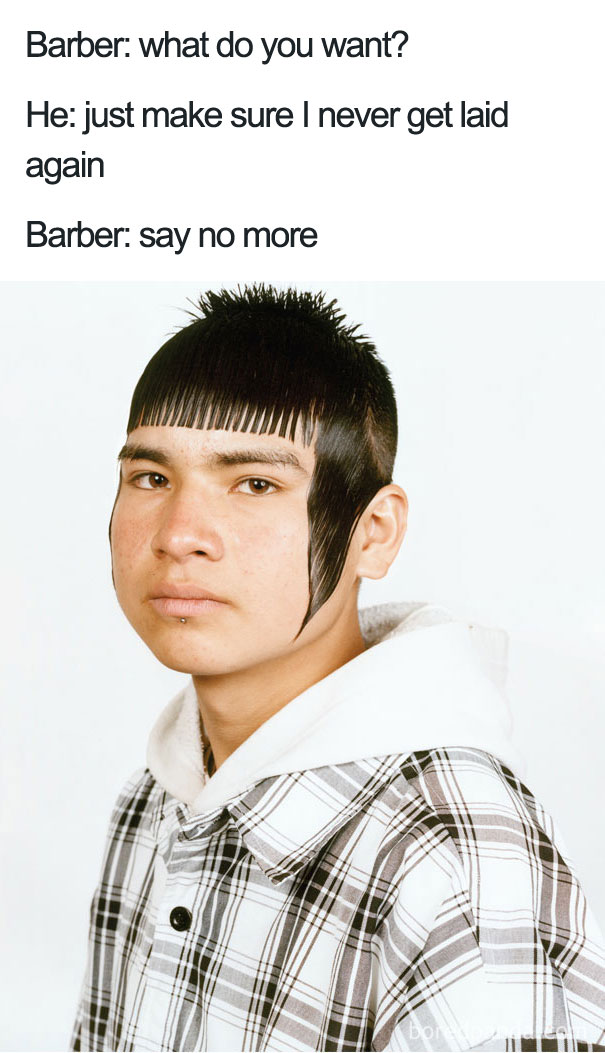 Terrible haircut turned into a "say no more" meme, featuring unique short bangs and sideburns in a plaid shirt.