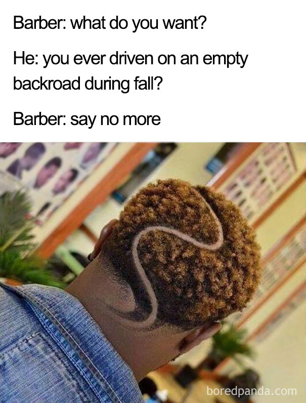 Terrible haircut meme with a winding design shaved into dyed hair, captioned with humorous barber dialogue.