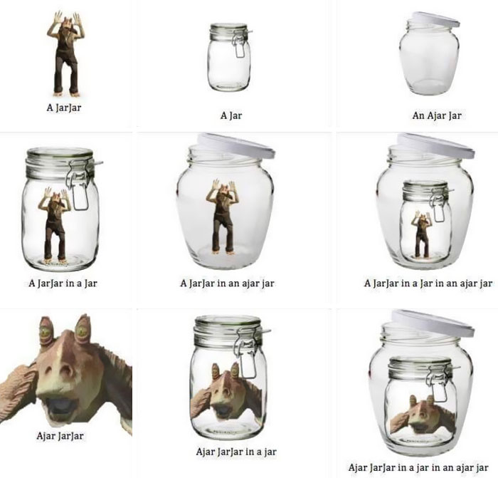 Jar Jar meme illustrating funny quirks of the English language with jars.