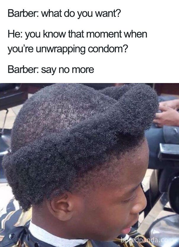 Terrible haircut turned into a meme with humorous caption about an unexpected hairstyle choice.