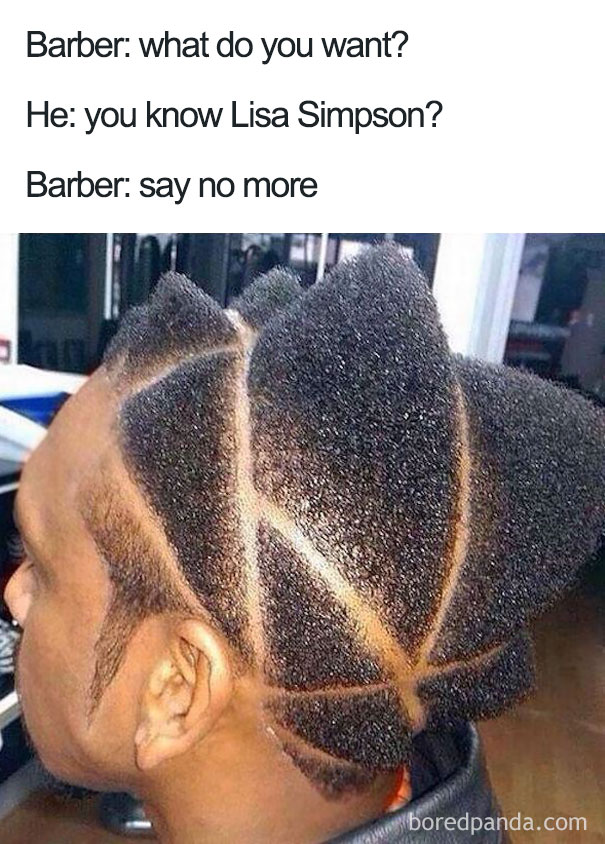 Terrible haircut resembling Lisa Simpson's hairstyle, created as a humorous meme with geometric lines.