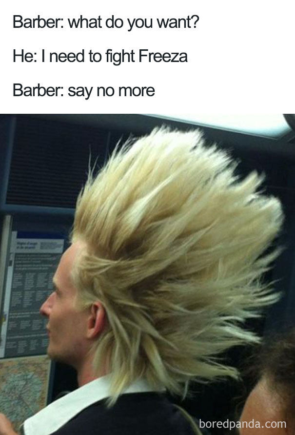 Man with a terrible haircut featuring spiky, exaggerated blond hair styled upward.