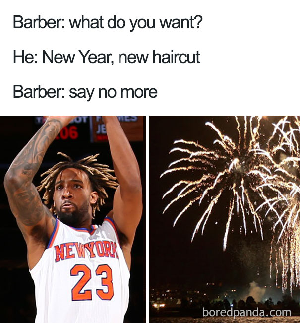 Basketball player's new haircut compared to fireworks in a meme about terrible haircuts.