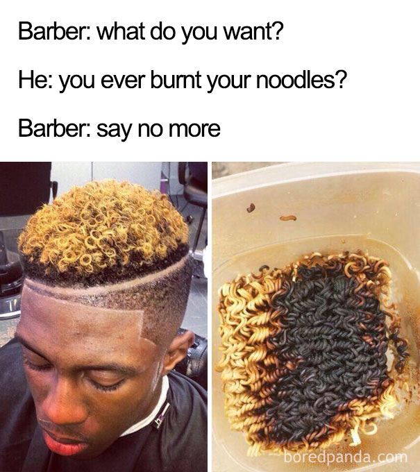 Terrible haircut resembling burnt noodles, part of a meme showcasing laughable styles.