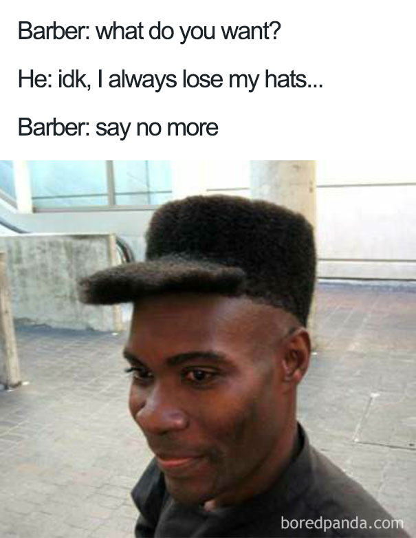 A man with a flat, visor-like haircut, featured in a "say no more" meme about terrible haircuts.