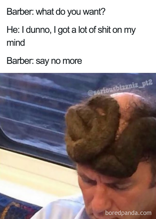 Terrible haircut meme showing a man with hair styled into a humorous knot, sitting in a train.