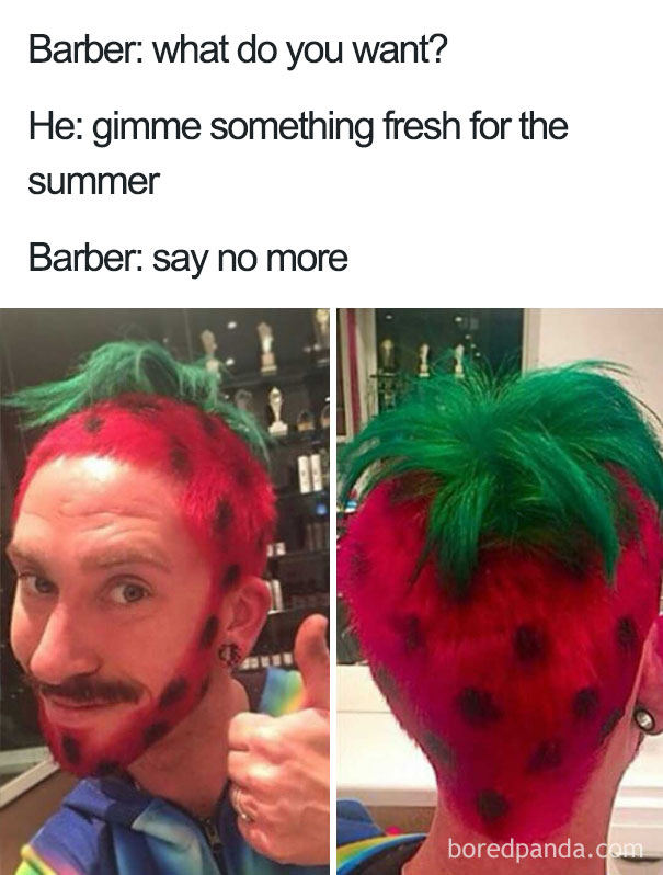 Unique haircut resembling a watermelon with red and green hair and matching beard.