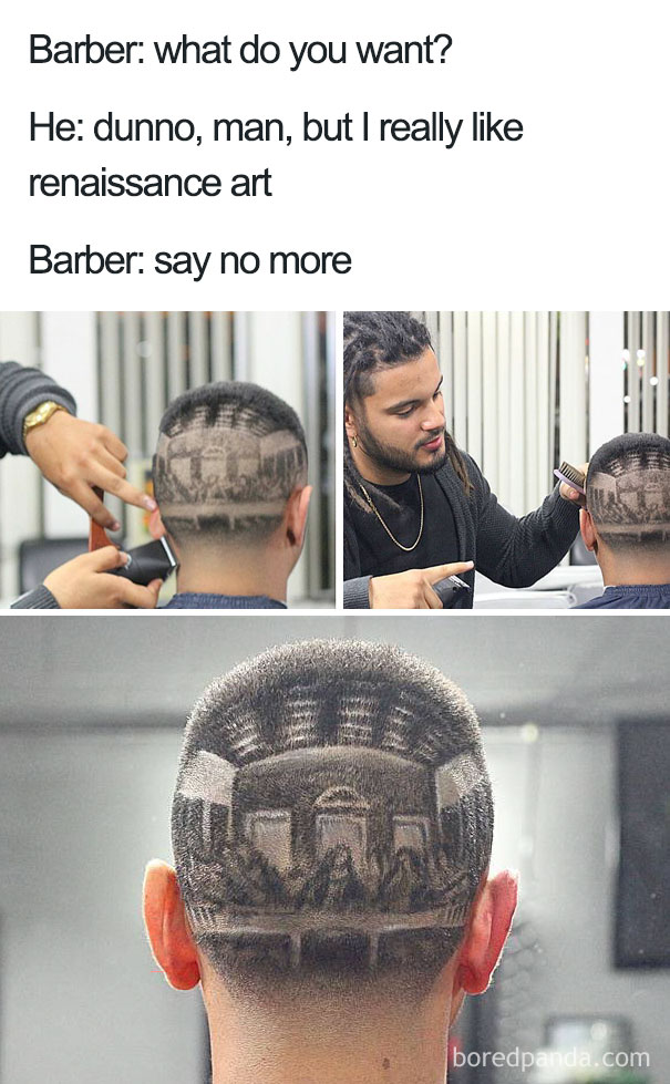 Terrible haircut with Renaissance art design shaved into the back of a man's head, becoming a "say no more" meme.