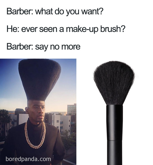 Terrible haircut meme with a man styled like a make-up brush and a matching brush next to him.