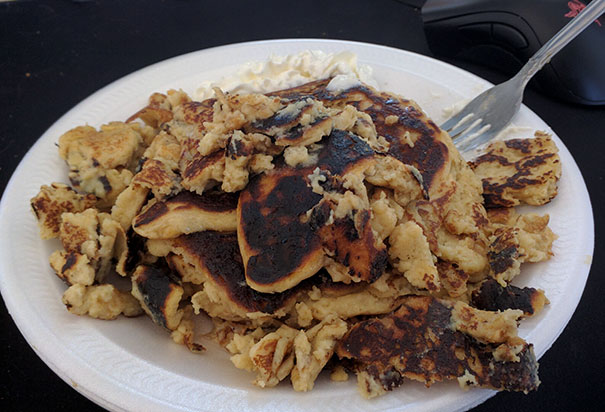 Scrambled Pancakes Beautifully Burnt To A Crisp