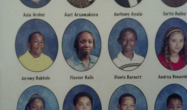 Yearbook photo featuring funny names like Jeremy Bakhole and Flavour Balls.