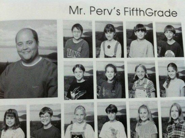 Yearbook page titled "Mr. Perv's Fifth Grade," featuring a teacher and students, highlighting a funny name.