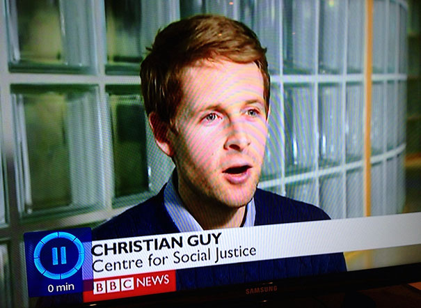 Man being interviewed on BBC News, related to social justice, as an example of funny names.