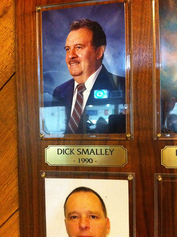 Plaque featuring a funny name, highlighting "D**k Smalley" with a classic portrait from 1990.