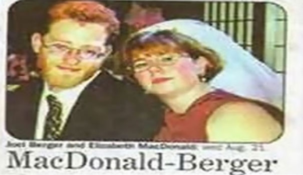 Wedding photo with the funny name "MacDonald-Berger" printed below the couple.