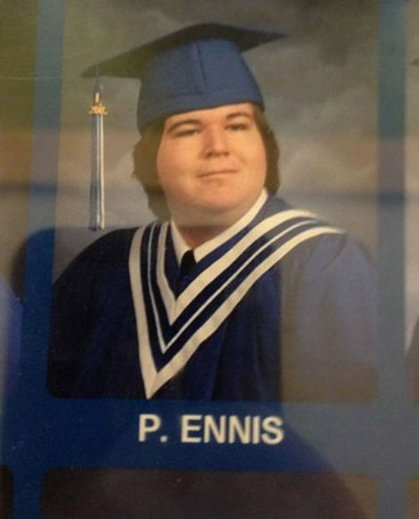 Graduate in cap and gown with the name "P. Ennis" underneath, illustrating funny names.
