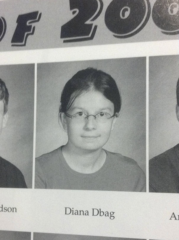 Person with glasses in yearbook photo, illustrating a funny name.