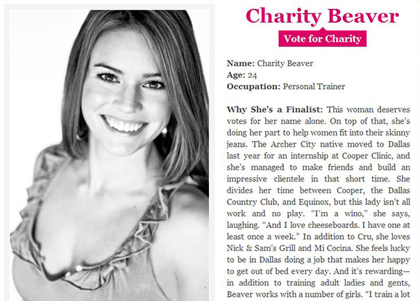 Smiling woman named Charity Beaver, finalist for an award, personal trainer, highlighted in an article on funny names.
