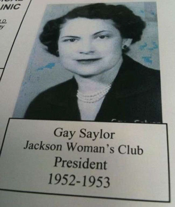 Portrait of Gay Saylor, Jackson Woman's Club President from 1952-1953. Funny names in historical context.