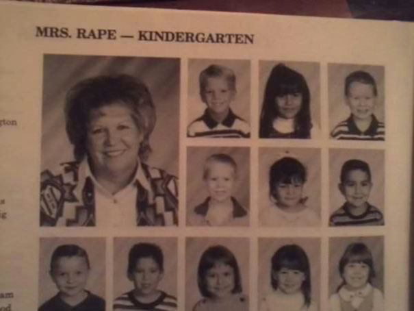 Kindergarten class photo with teacher and funny names.