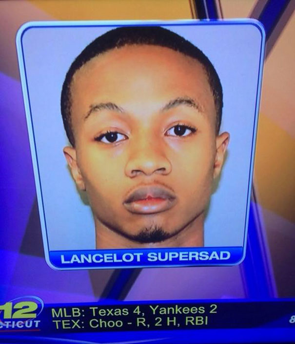 Man on TV news with the funny name "Lancelot Supersad" displayed prominently.