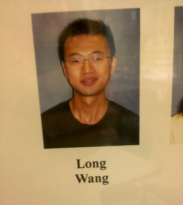A man named Long W**g in a formal portrait, highlighting examples of funny names.
