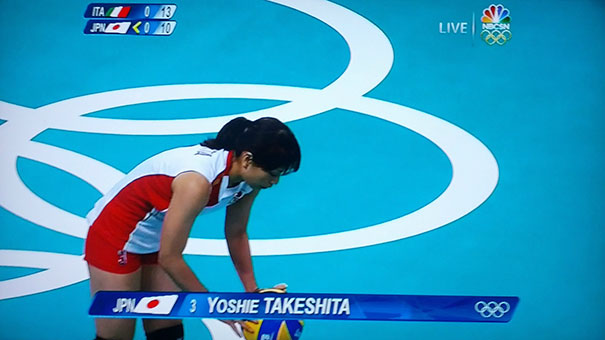 Volleyball player Yoshie Takeshita in action at the Olympics, a highlight from funny names in sports.