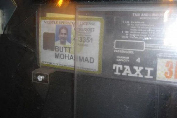 Taxi driver's license displayed with a humorous name.