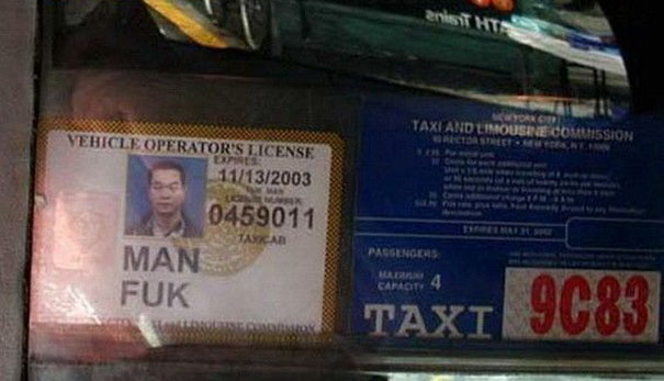 Taxi driver's funny name displayed on vehicle operator's license.