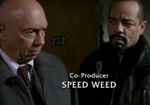 Two serious men in a scene featuring the funny name "Speed Weed" as co-producer credit displayed.