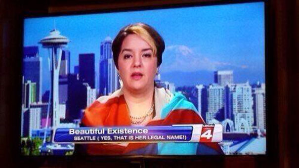 A woman named Beautiful Existence on a Seattle news broadcast discussing funny names.