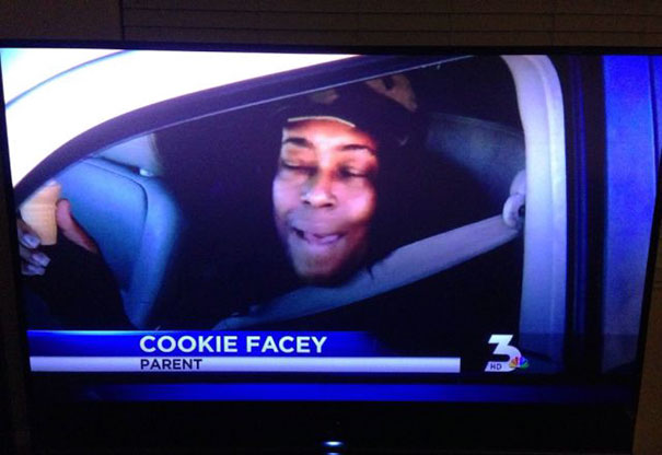 Person named "Cookie Facey" in a car, highlighted on a news broadcast, showcasing a funny name.