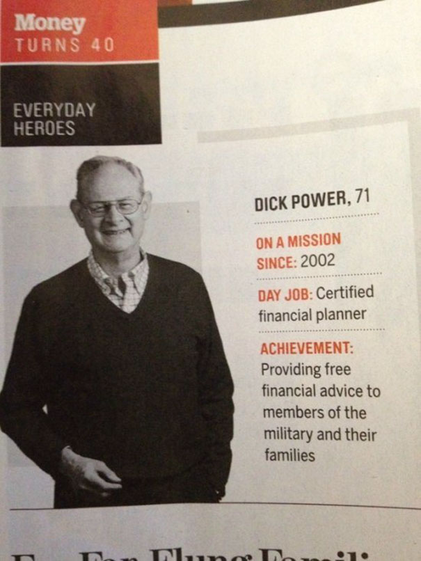 A man featured in a magazine as an everyday hero with a funny name, wearing a sweater and glasses, offering financial advice.