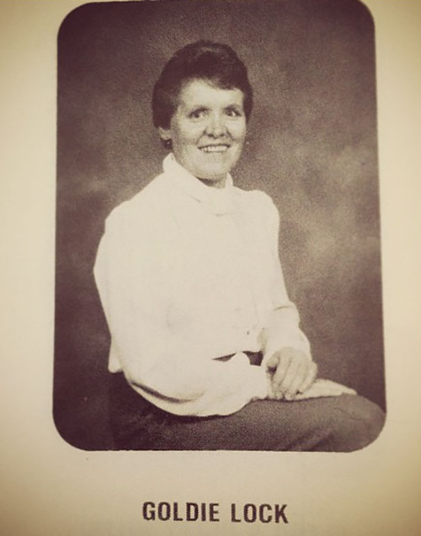 A woman smiling in a vintage portrait with the funny name "Goldie Lock" below.