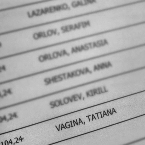 List of funny names, featuring "V****a, Tatiana" in bold text on a document.