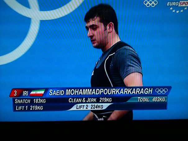 Weightlifter Saeid Mohammadpourkarkaragh competing, with scores displayed. Funny names highlighted in Olympic context.